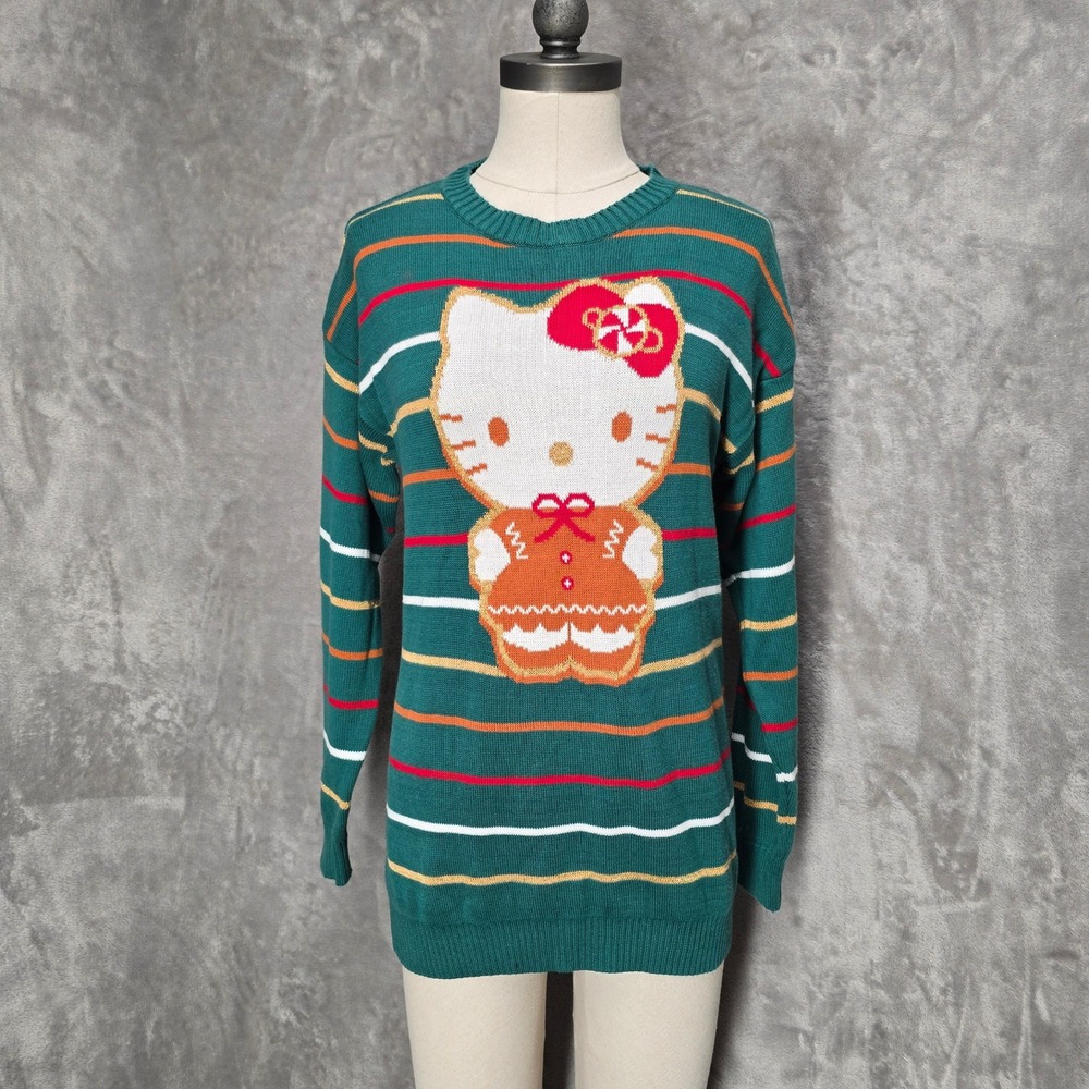 Hello Kitty Sanrio Striped Sweater Green XL Cotton Blend Crew Neck Long Sleeve‎